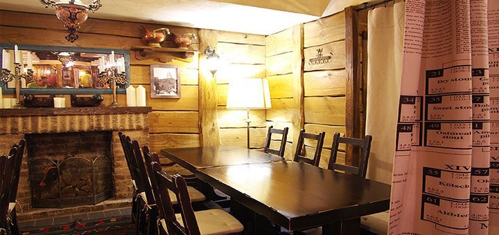 The interior of the restaurant «Black pig». Promotion for all dishes