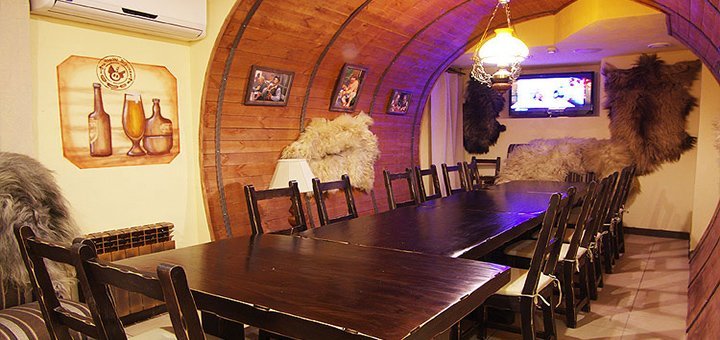 The interior of the restaurant «Black pig». Menu is inexpensive