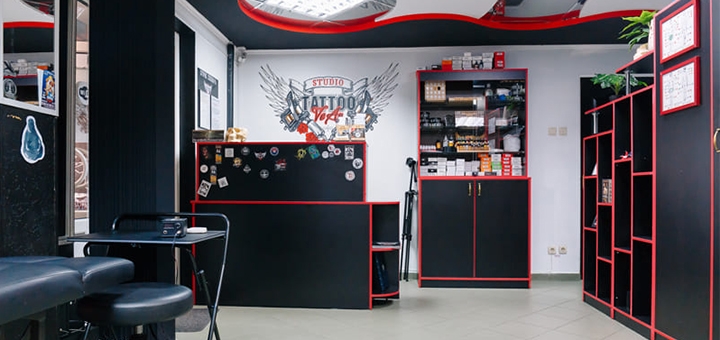 Tattoo salon VeAn in Belaya Tserkov. Stock.